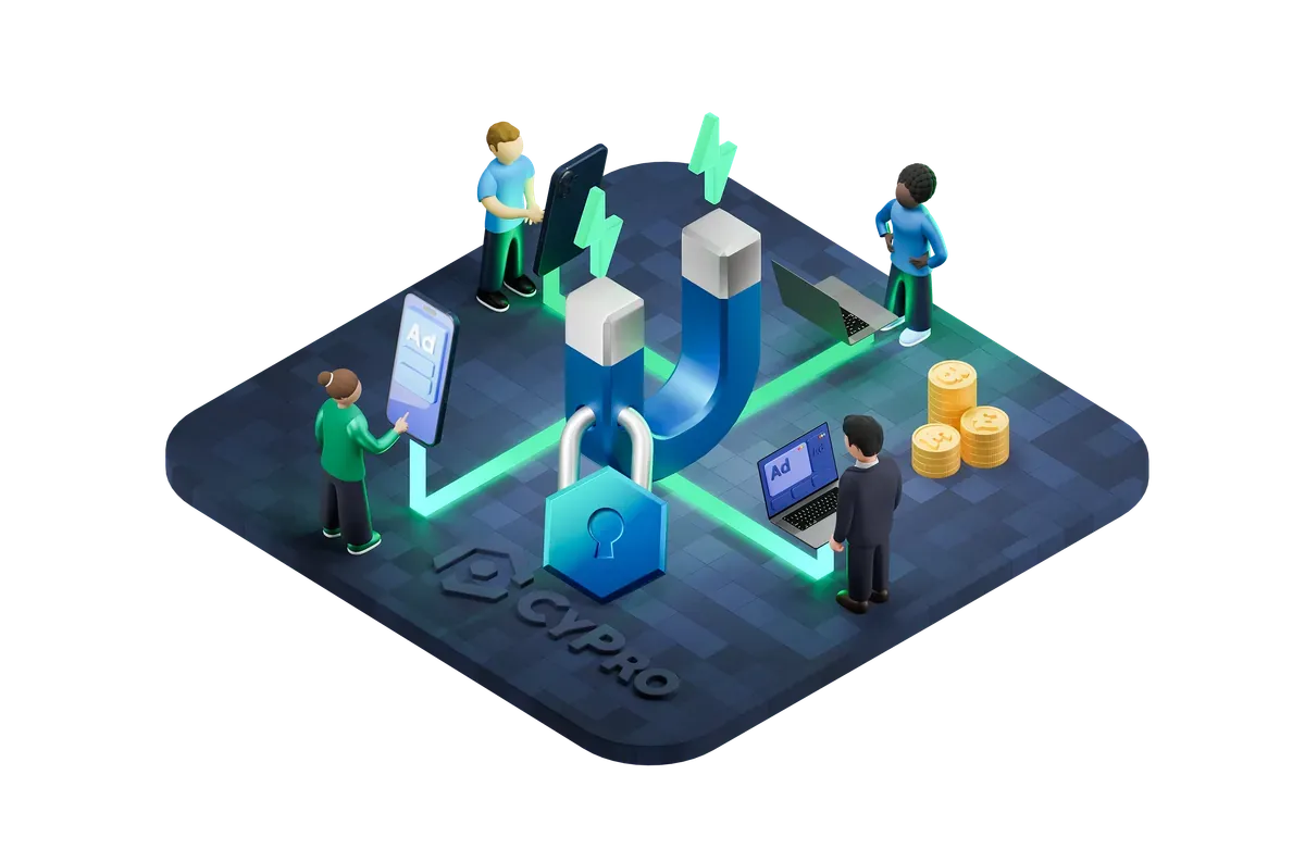 3D illustration of a team drawn together around one platform