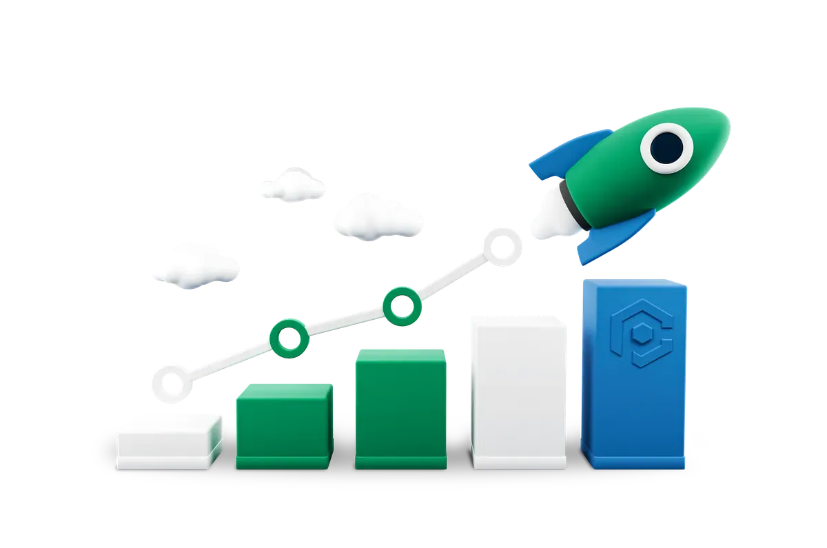 3D illustration of rising growth charts, representing the Growth pricing tier