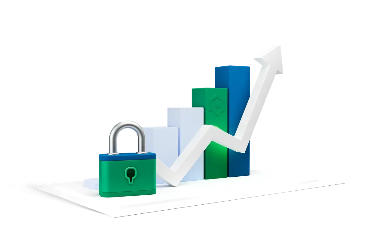 3D illustration of a padlock and improving chart, representing rapid risk reduction