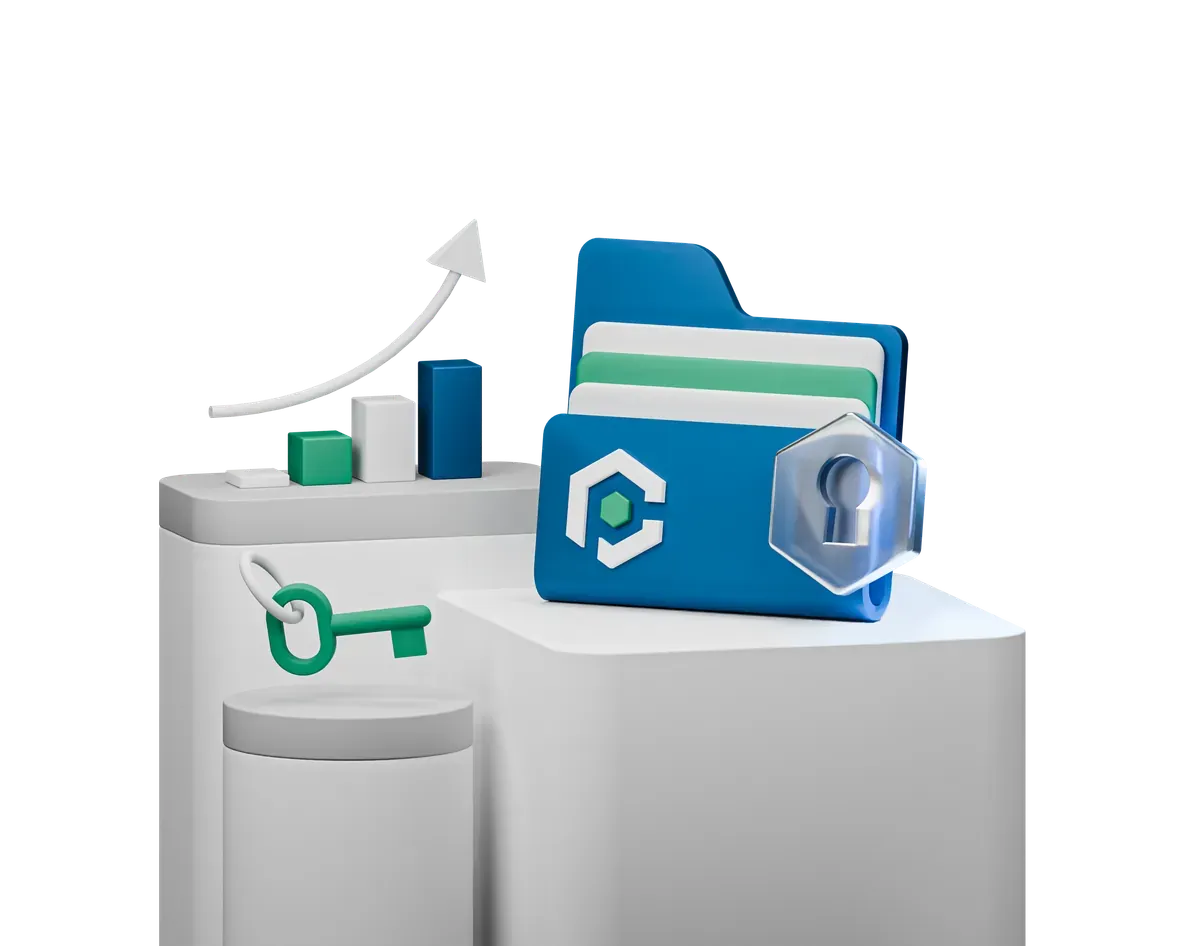 3D illustration of a secured business file with a growth chart, showing companies that need named security ownership