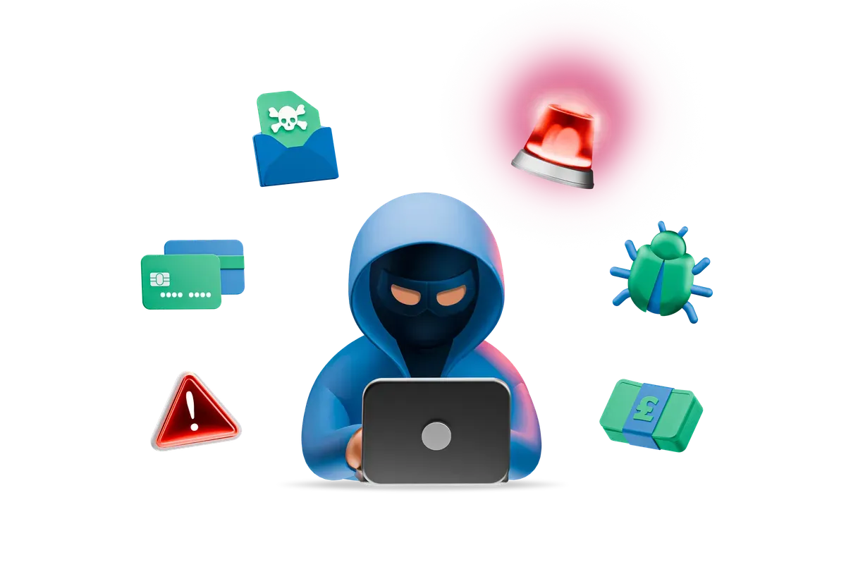 3D illustration of a cyber criminal surrounded by phishing, malware and fraud threats facing a business